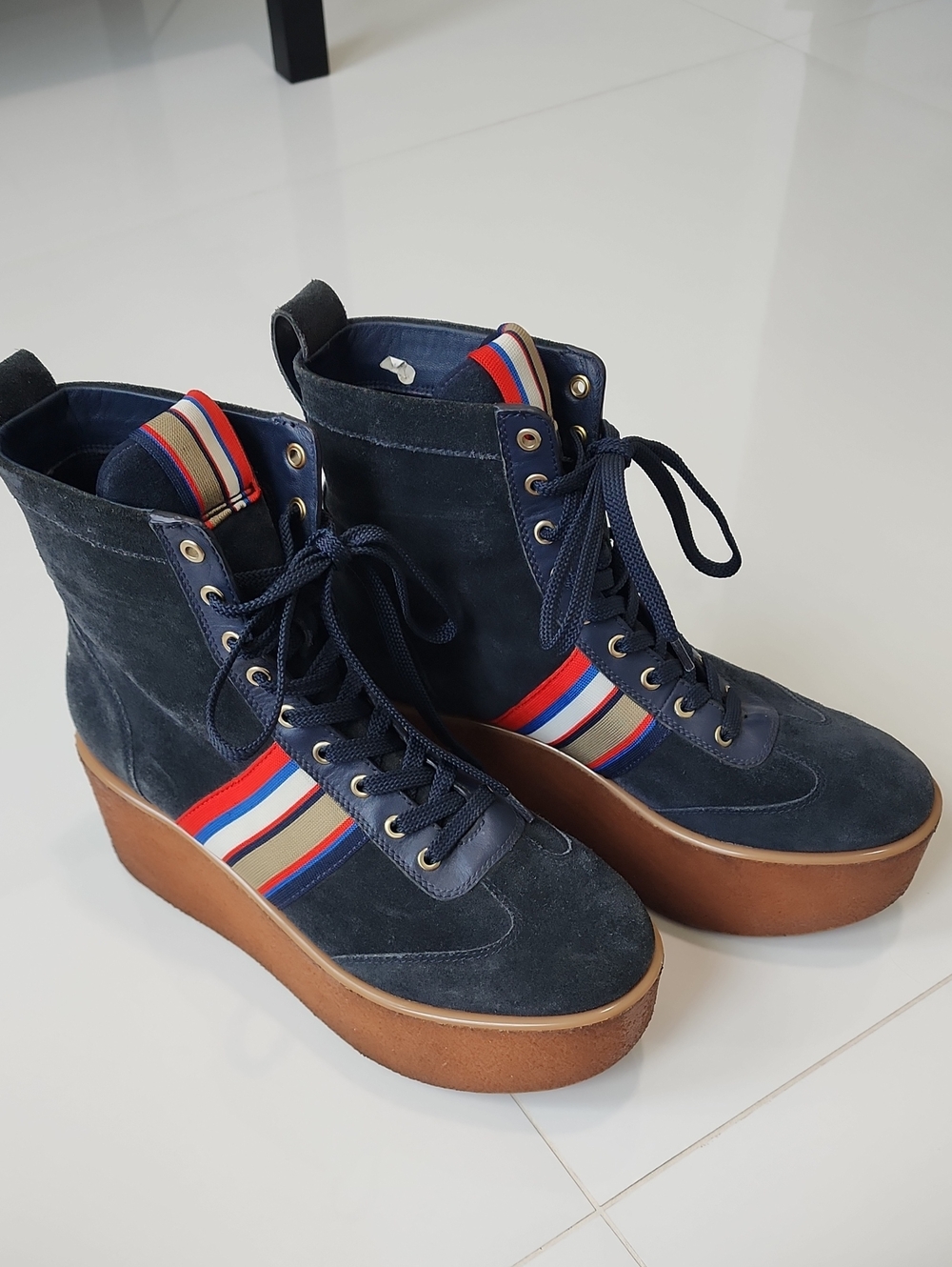 Tory Burch Navy Suede Platform Lace-Up Boots with Tricolor Ribbon Accent
